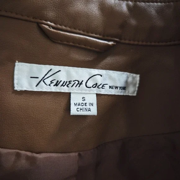 Kenneth Cole New York Cognac Faux Leather Moto Jacket Brown Small Quilted Zip - Picture 7 of 8